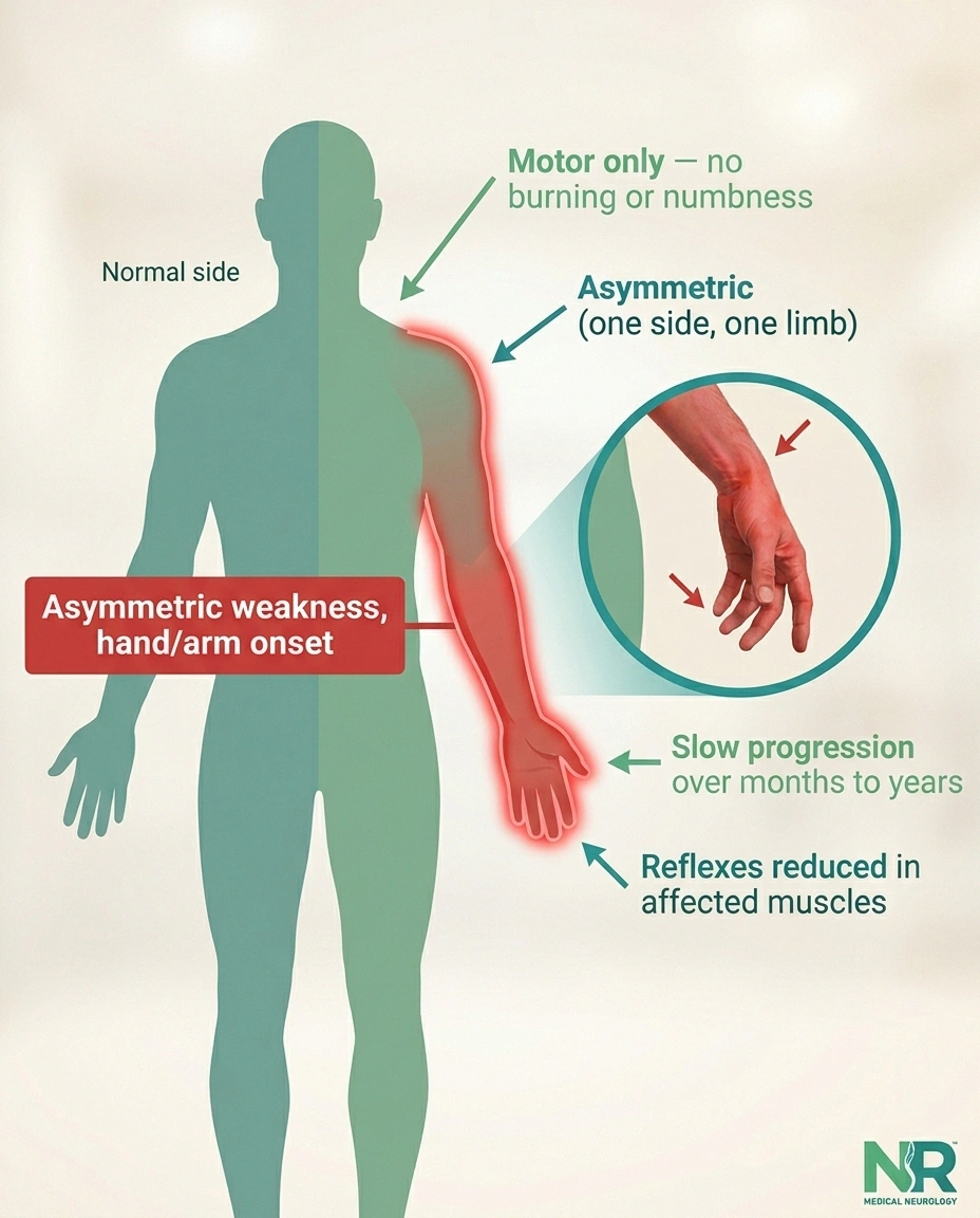 Body diagram showing the typical MMN presentation: asymmetric hand and arm weakness with wrist drop, motor-only symptoms, and slow progression