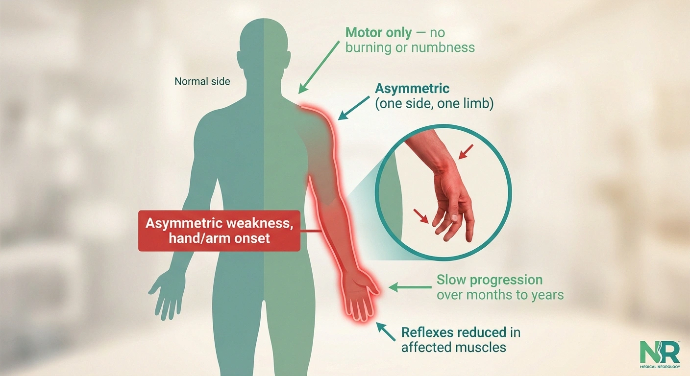 Body diagram showing the typical MMN presentation: asymmetric hand and arm weakness with wrist drop, motor-only symptoms, and slow progression