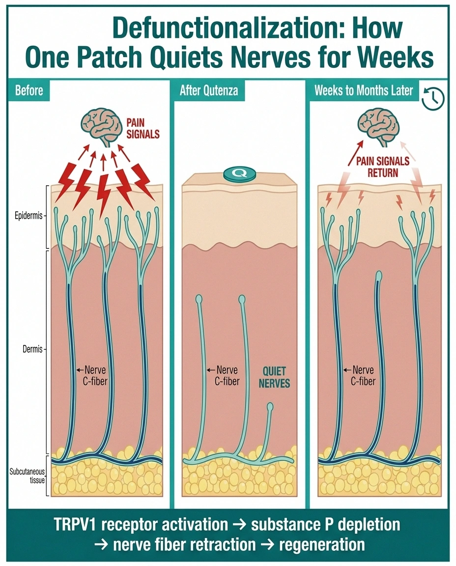 Three-panel medical illustration showing nerve fibers before, after, and weeks following Qutenza defunctionalization