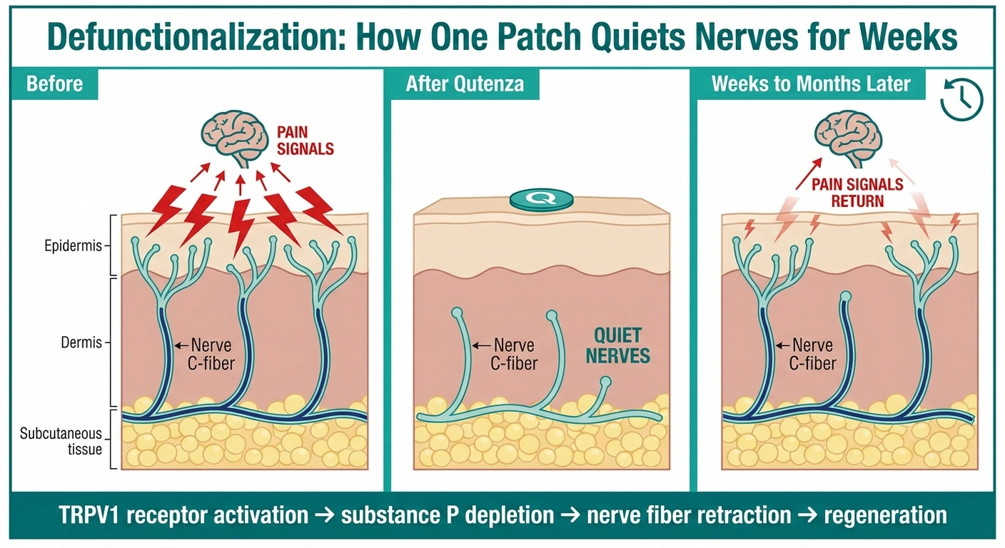 Three-panel medical illustration showing nerve fibers before, after, and weeks following Qutenza defunctionalization