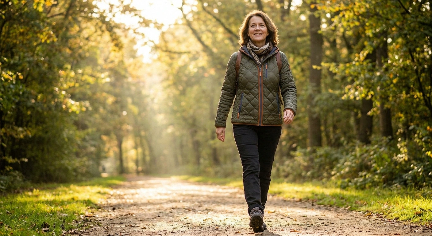 Older woman walking confidently on a tree-lined park path in golden hour light representing recovery after correcting B12 deficiency neuropathy.