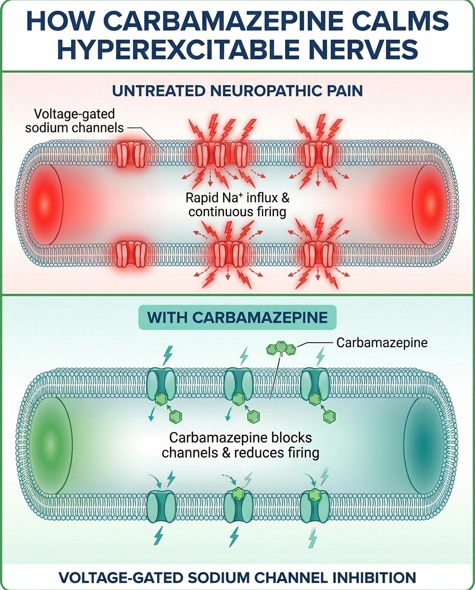 Medical illustration showing carbamazepine blocking sodium channels on damaged nerve fibers, reducing pain signals