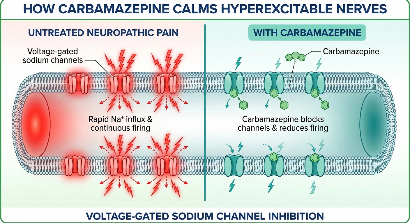 Medical illustration showing carbamazepine blocking sodium channels on damaged nerve fibers, reducing pain signals