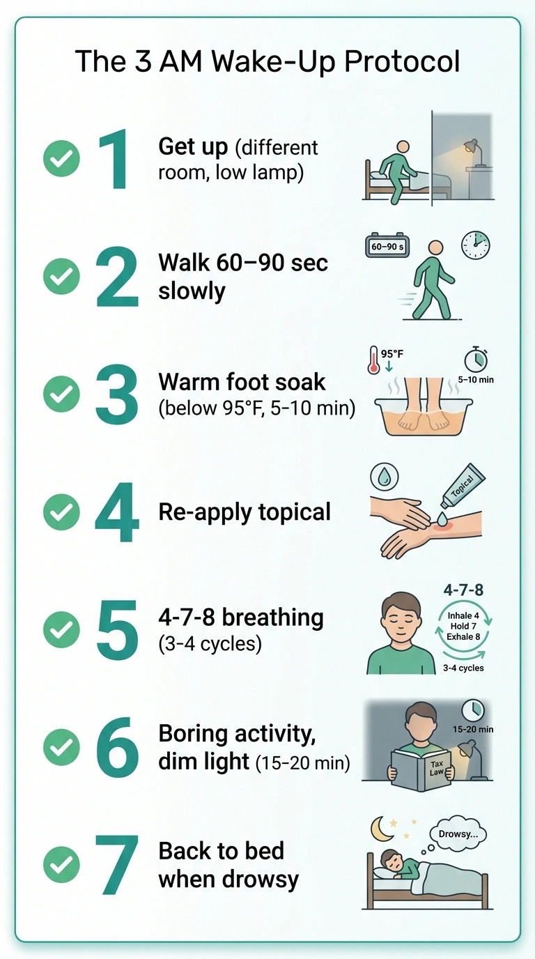 Numbered 7-step infographic of the 3 AM wake-up protocol for neuropathy pain.