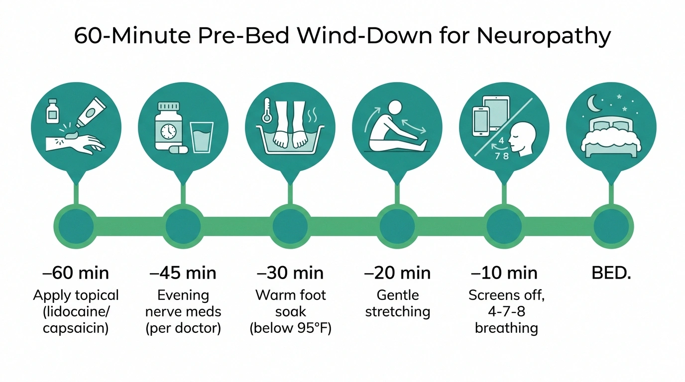 Horizontal timeline infographic showing the 60-minute pre-bed wind-down routine for sleeping with neuropathy.