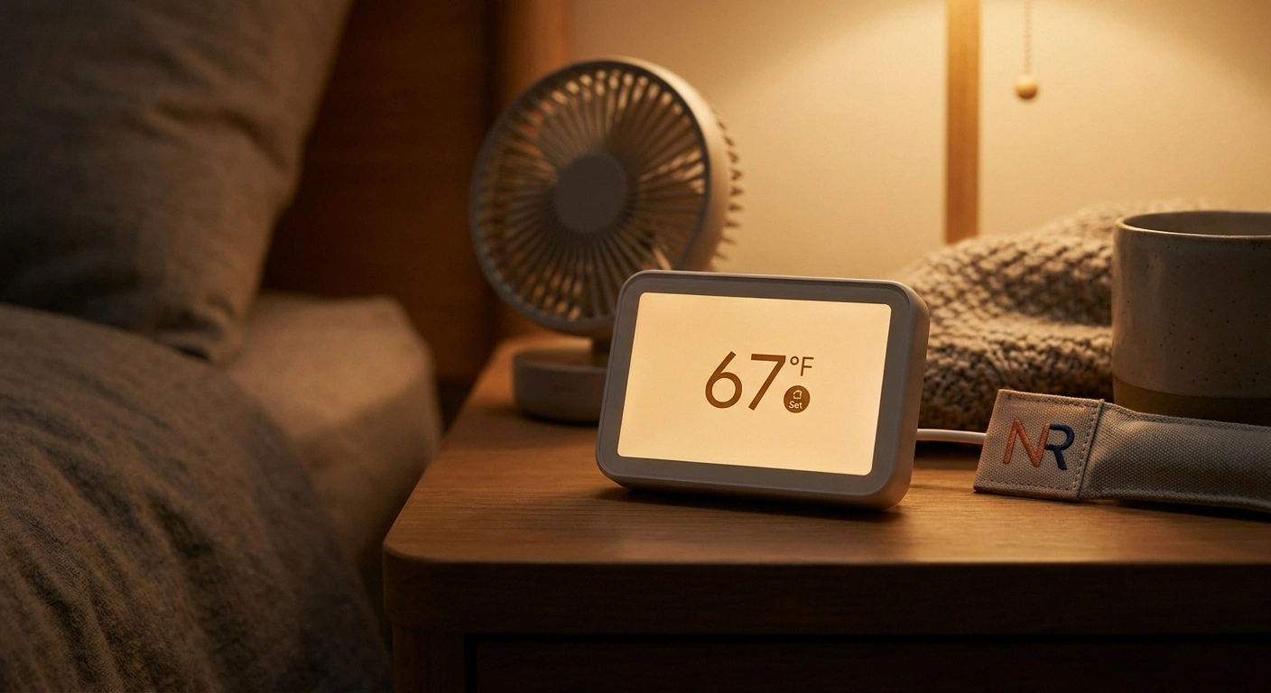 A bedside thermostat displaying 66°F with a small bedroom fan blurred behind it, illustrating cool-room sleep environment for neuropathy.