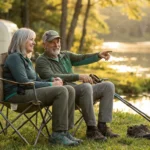Older couple sitting in camp chairs by a peaceful lake in golden afternoon light with a small camper trekking poles and closed-toe shoes nearby showing that camping is still possible with neuropathy.