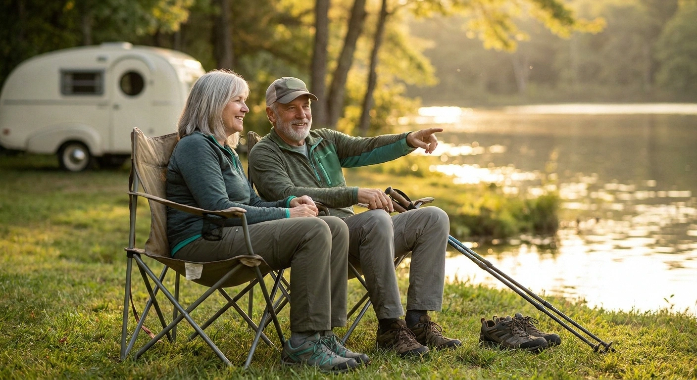 Older couple sitting in camp chairs by a peaceful lake in golden afternoon light with a small camper trekking poles and closed-toe shoes nearby showing that camping is still possible with neuropathy.