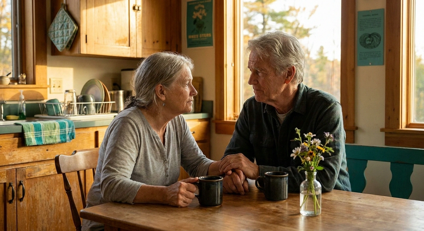 Older couple holding hands across kitchen table having an honest conversation about caregiving, sustaining the relationship through chronic illness