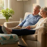 Older spouse caregiver and partner sharing a quiet moment together on the couch, partner with feet propped up, mutual care and rest