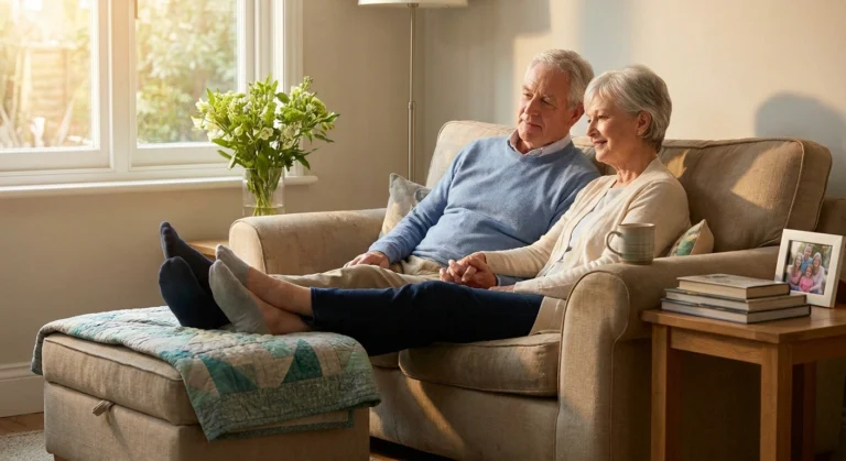 Older spouse caregiver and partner sharing a quiet moment together on the couch, partner with feet propped up, mutual care and rest