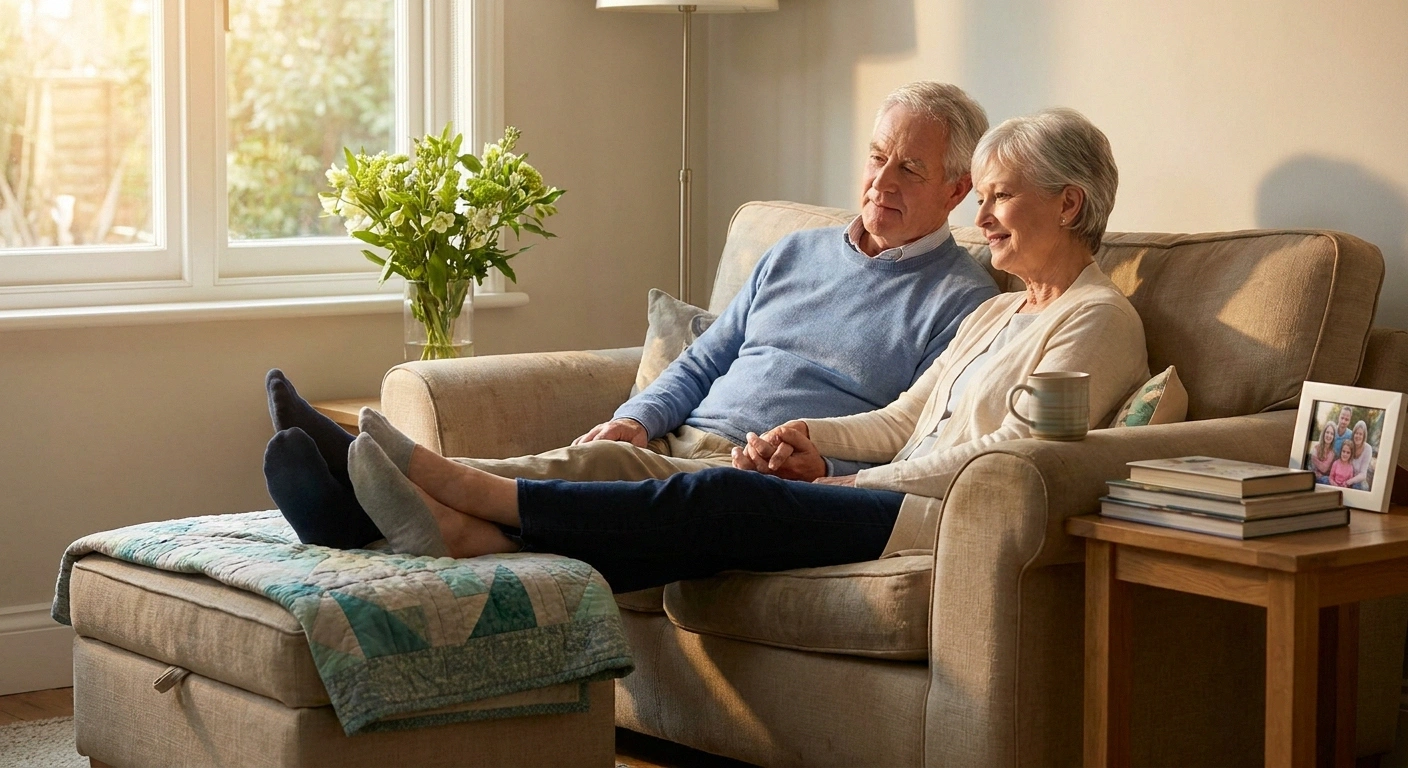 Older spouse caregiver and partner sharing a quiet moment together on the couch, partner with feet propped up, mutual care and rest