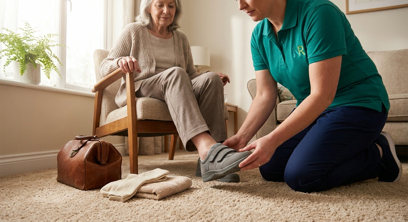 Caregiver kneeling to gently help older adult with neuropathy put on a supportive walking shoe during morning routine
