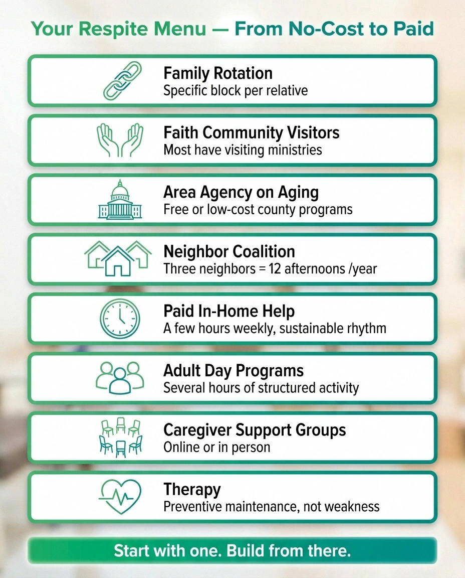 Infographic menu of caregiver respite options including family rotation, faith community, Area Agency on Aging, paid help, and therapy