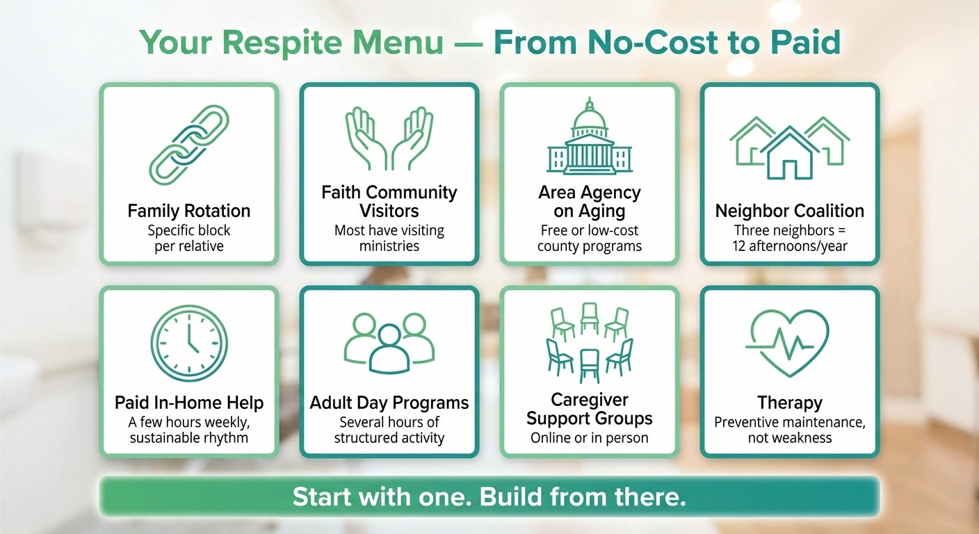 Infographic menu of caregiver respite options including family rotation, faith community, Area Agency on Aging, paid help, and therapy