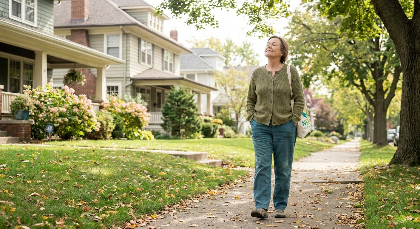 Older woman caregiver walking alone on a tree-lined neighborhood sidewalk during her respite time, restoring herself