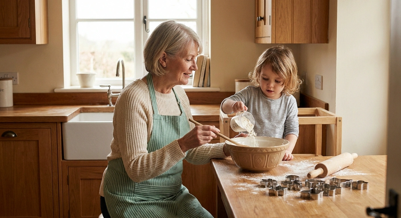 A seated grandparent baking with a small grandchild who stands on a step-stool at the counter.