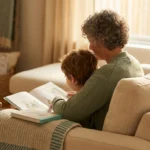 A grandparent reading a picture book to a small grandchild on a sunlit couch.