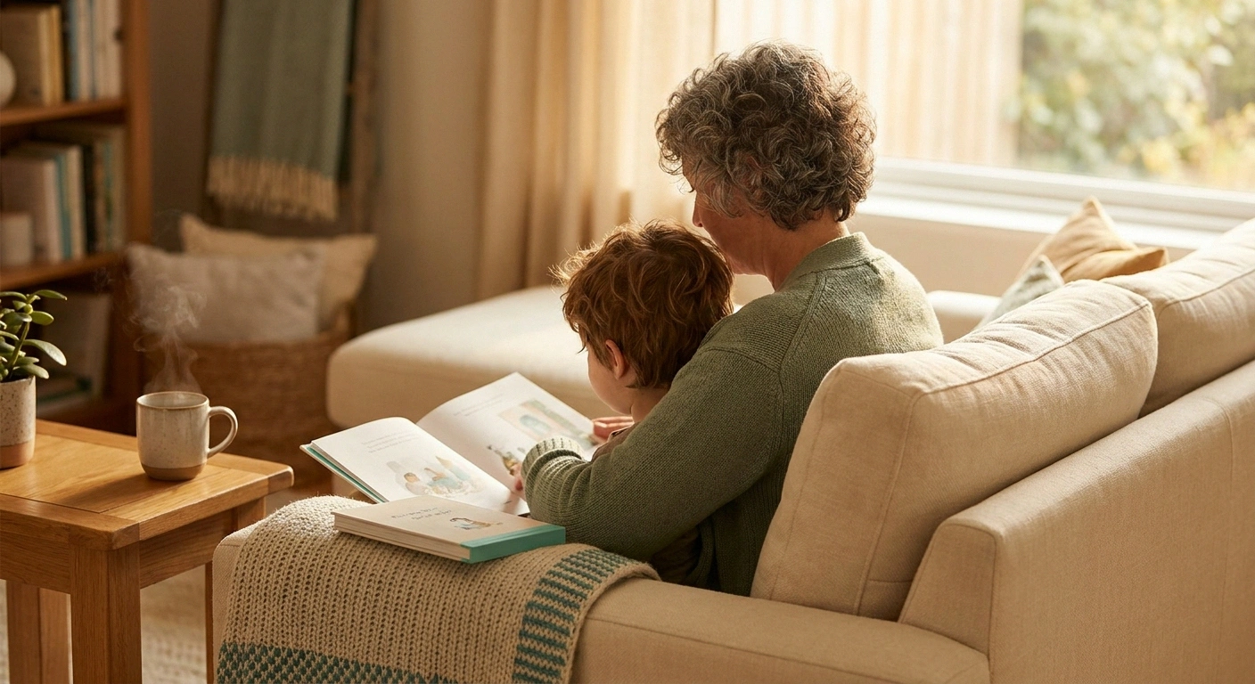 A grandparent reading a picture book to a small grandchild on a sunlit couch.