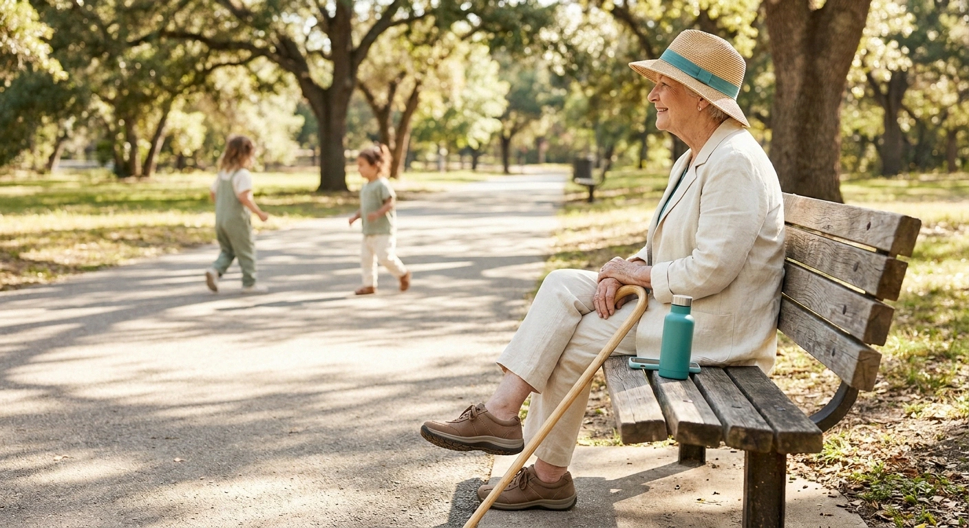 A grandparent seated on a park bench watching two grandchildren play on a paved path, with a light cane and water bottle nearby.