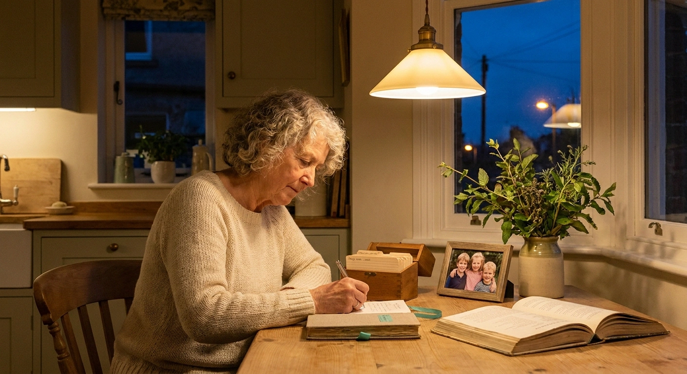 A grandparent writing in a recipe-card box at the kitchen table beside a framed photo of grandchildren and garden cuttings.