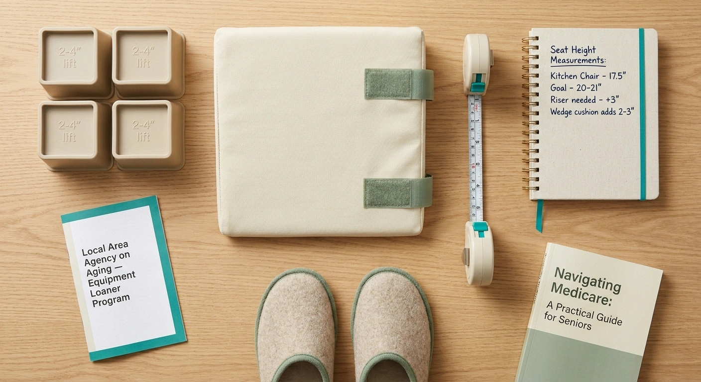Flat-lay of budget chair adaptations: plastic riser blocks, foam wedge cushion, Area Agency on Aging brochure, measuring tape, notebook, and a Medicare navigation book.