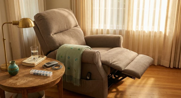 A taupe power lift recliner in a softly lit living room with sage throw, side table holding water, book, TENS unit, and pill organizer — anchoring a thoughtful chair choice for neuropathy.