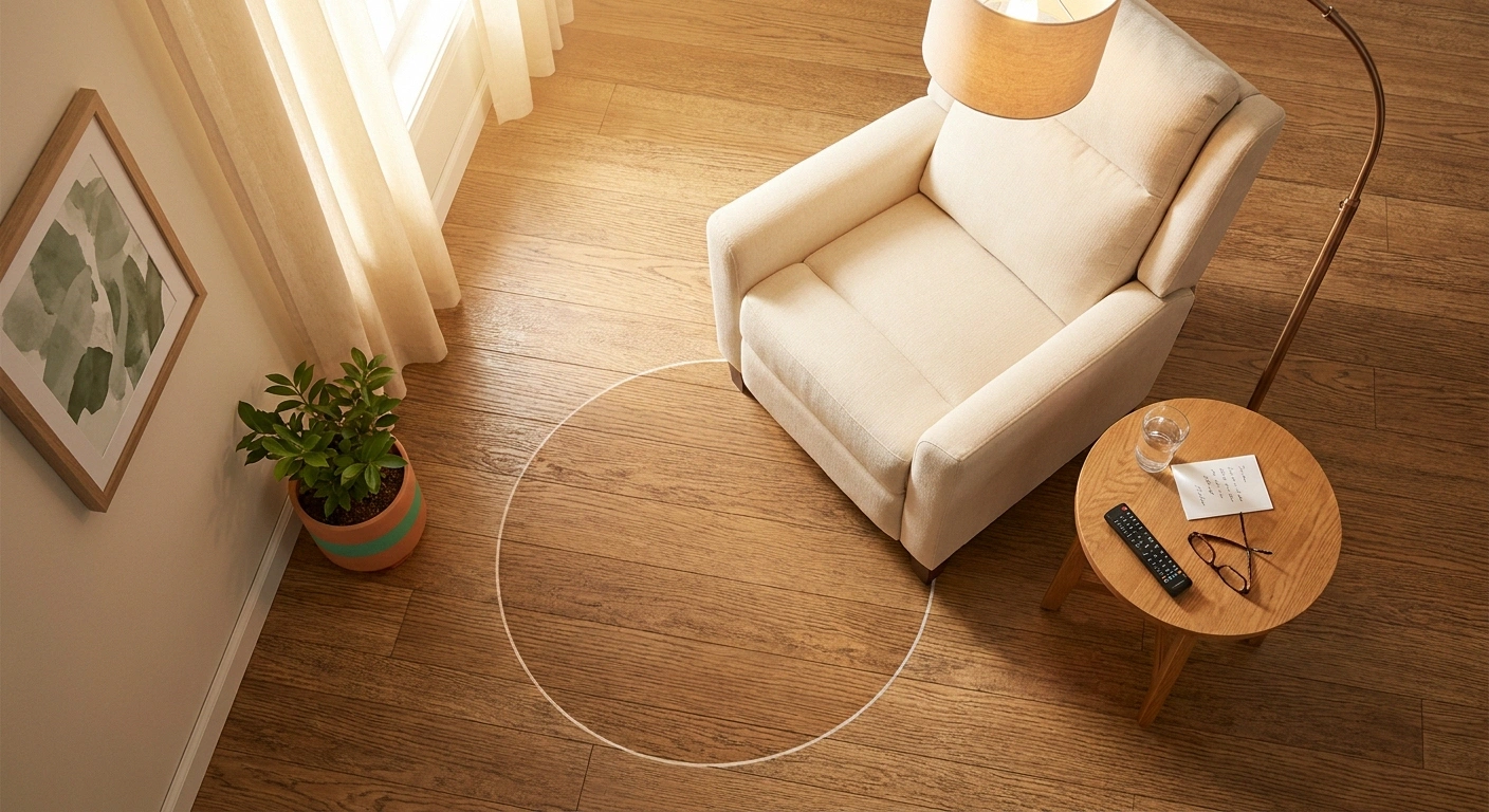 Overhead view of a power lift recliner in a living-room corner with a clear 3-foot radius in front, a side table within reach holding water and remote, and a floor lamp providing reading light.