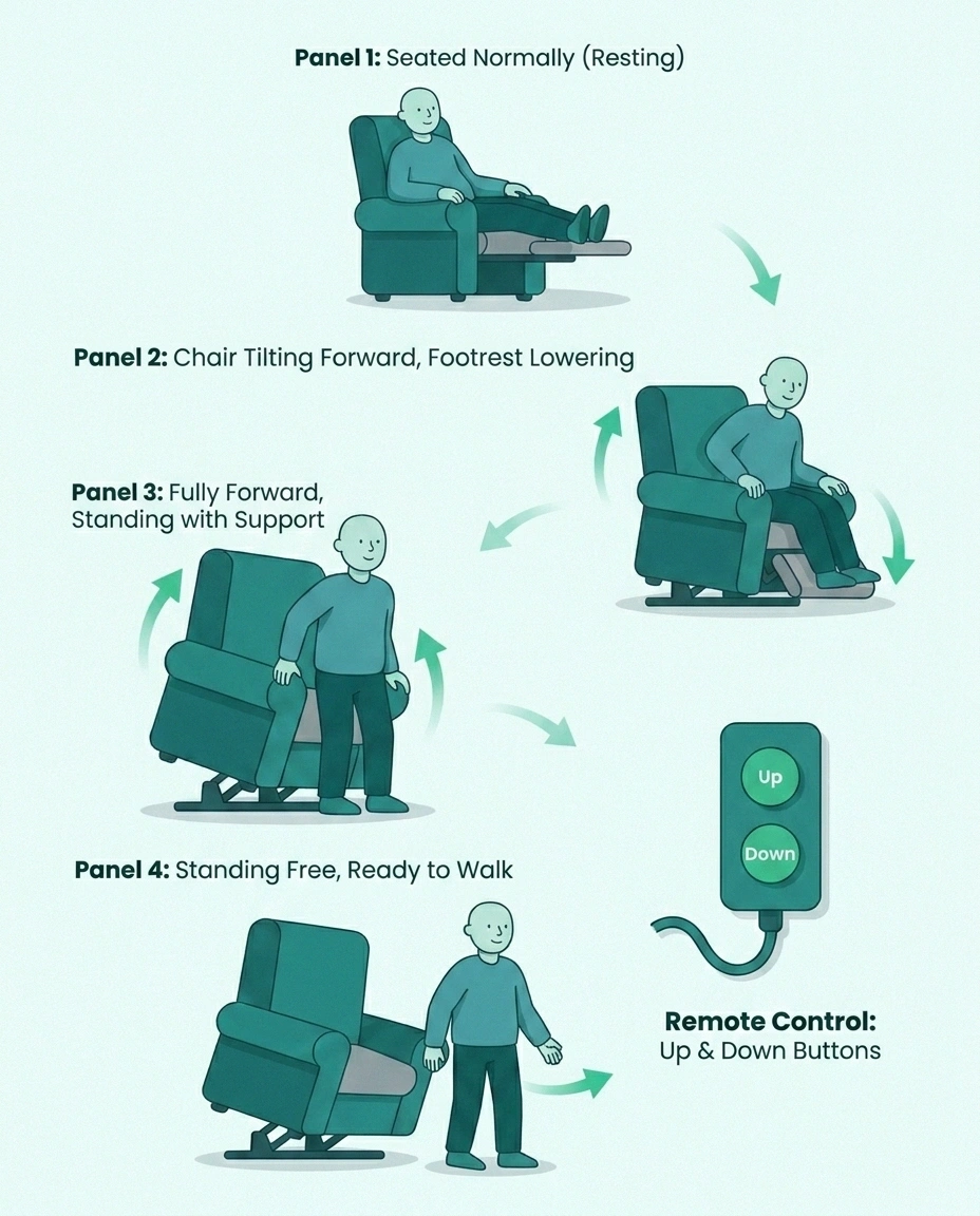 Four-panel infographic of a power lift recliner tilting forward to help a seated person stand up, with a simple two-button remote control labeled Up and Down.