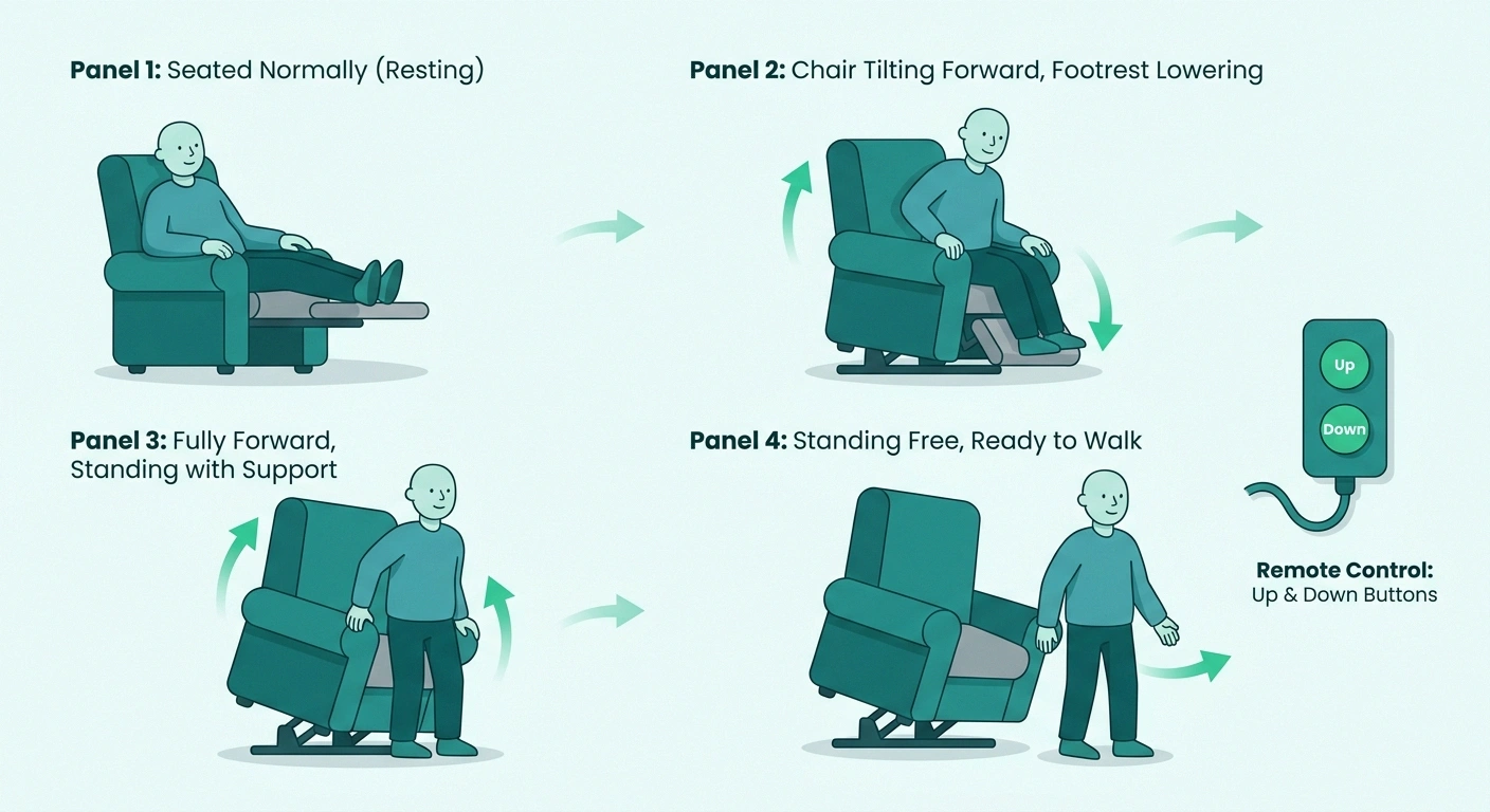 Four-panel infographic of a power lift recliner tilting forward to help a seated person stand up, with a simple two-button remote control labeled Up and Down.