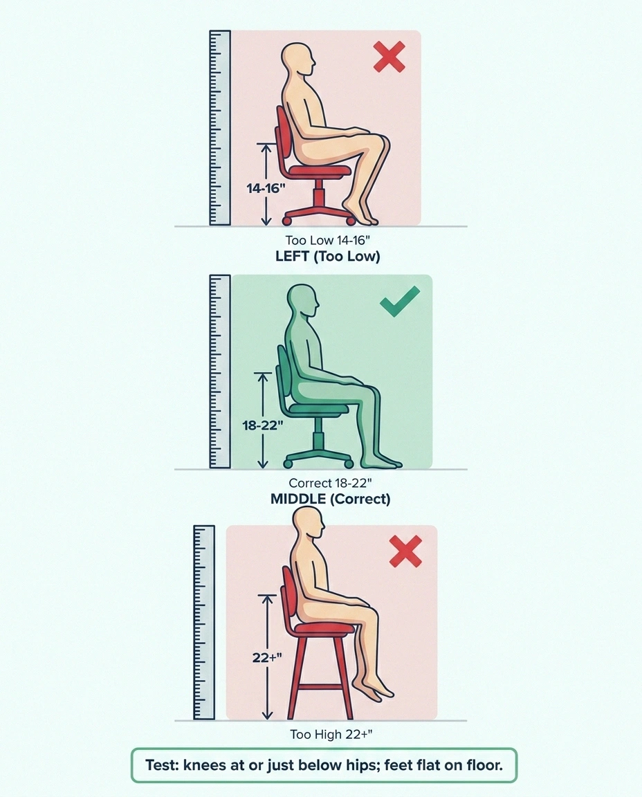 Side-view infographic of three figures showing too-low, correct, and too-high seat heights with the knees-at-hips rule labeled.