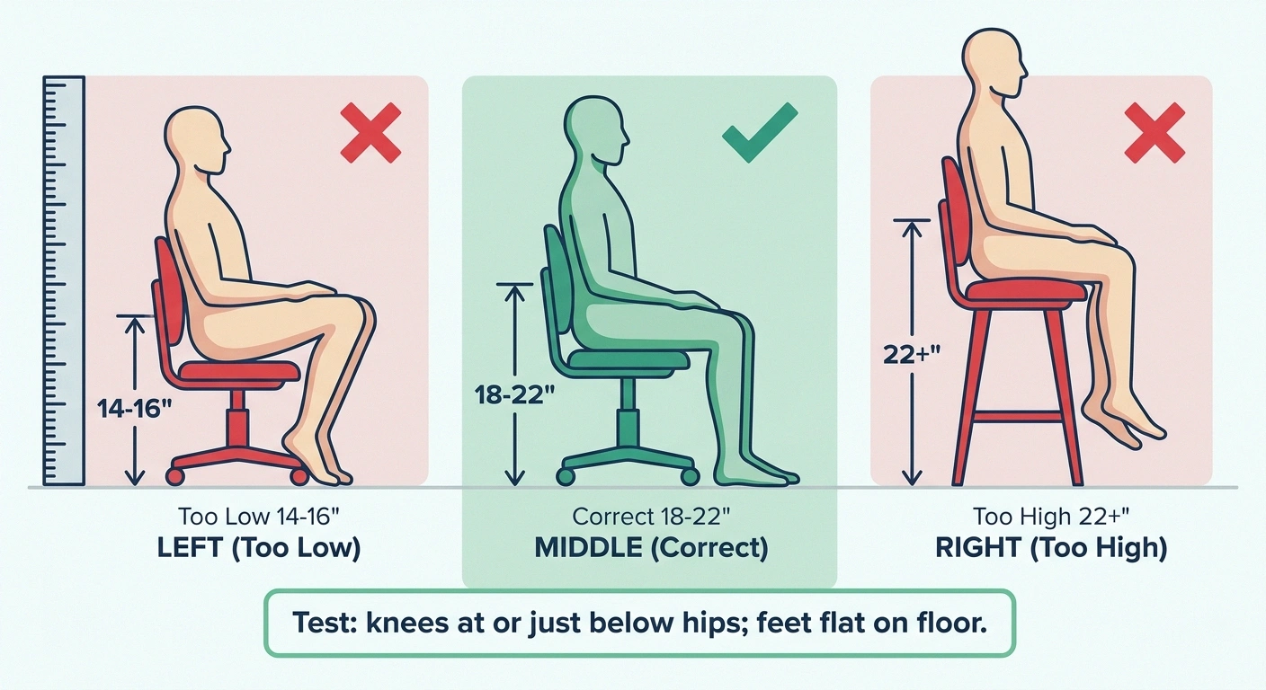 Side-view infographic of three figures showing too-low, correct, and too-high seat heights with the knees-at-hips rule labeled.