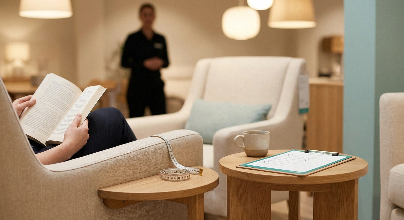 A furniture showroom scene of a chair being tested with a book on the lap, a measuring tape on the armrest, and a feature checklist clipboard nearby.