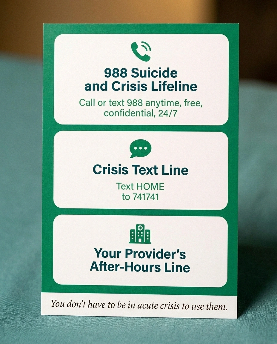 Crisis resource card with 988 Suicide and Crisis Lifeline, Crisis Text Line (text HOME to 741741), and after-hours provider contact — for chronic pain patients struggling with mental health