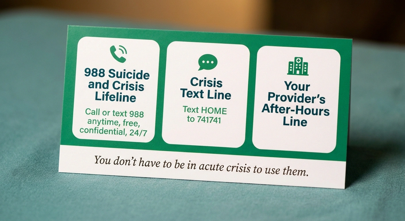 Crisis resource card with 988 Suicide and Crisis Lifeline, Crisis Text Line (text HOME to 741741), and after-hours provider contact — for chronic pain patients struggling with mental health