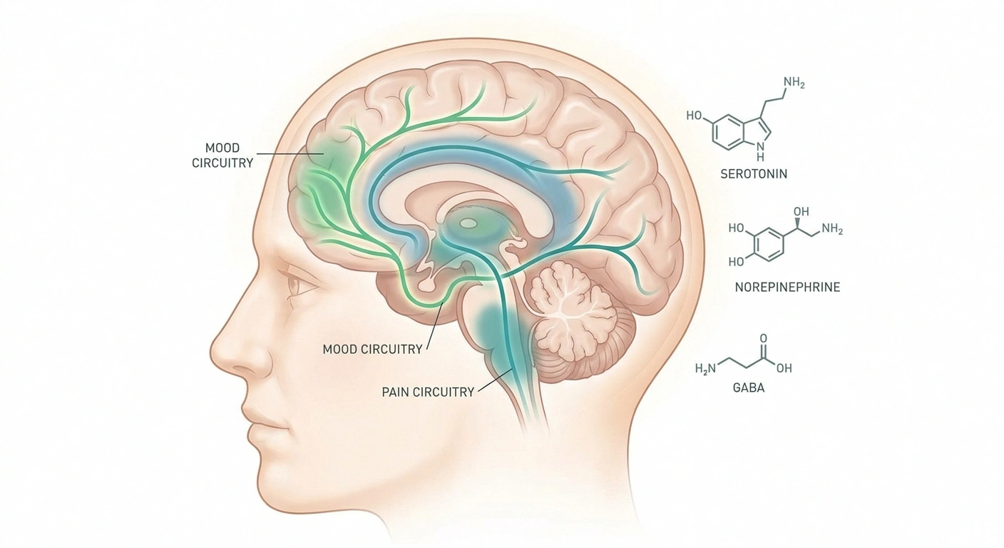 Illustrated brain showing overlapping neural pathways for pain processing and mood regulation, with shared neurotransmitters serotonin, norepinephrine, and GABA