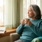 Older adult sitting quietly with a warm mug at sunrise, journal nearby — representing thoughtful self-reflection during chronic neuropathy and depression