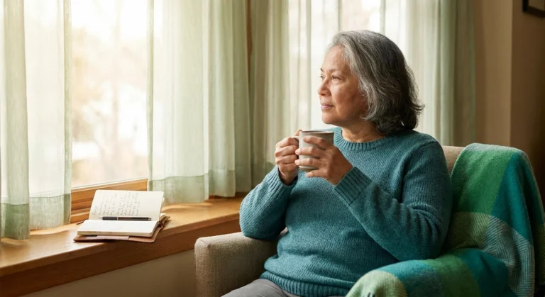 Older adult sitting quietly with a warm mug at sunrise, journal nearby — representing thoughtful self-reflection during chronic neuropathy and depression