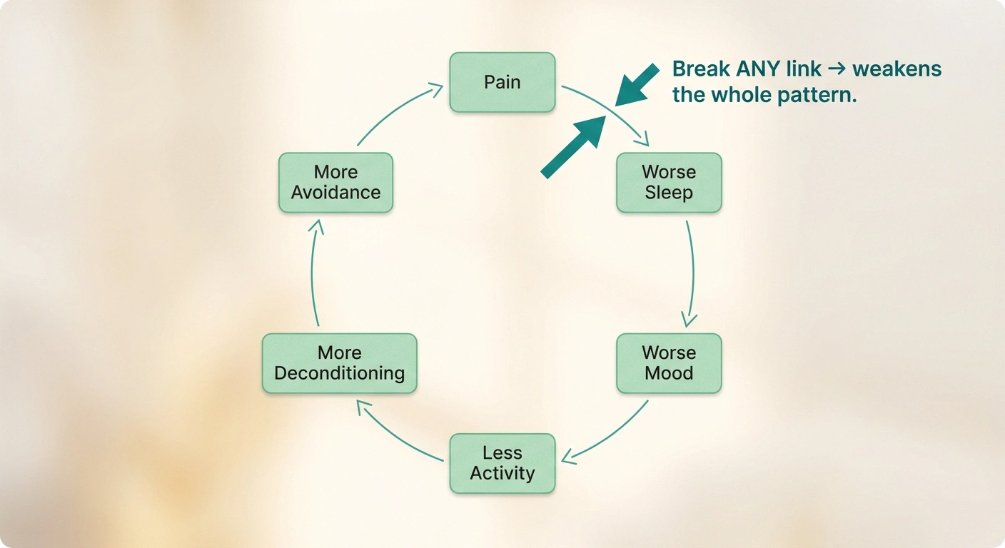 Circular flowchart showing the six-node pain-depression feedback loop and how breaking any single link weakens the whole pattern