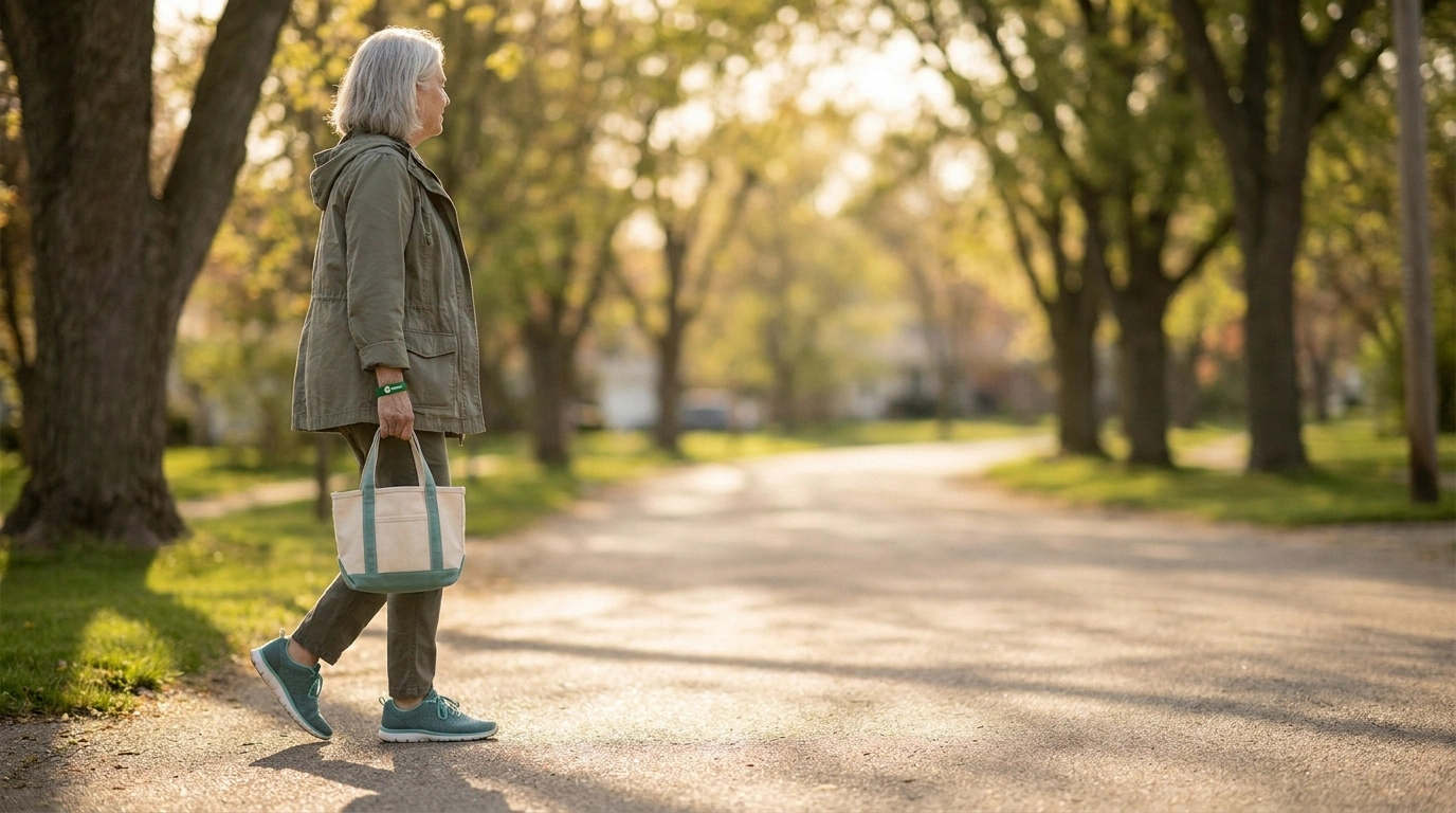Older adult walking a tree-lined neighborhood path on a sunny morning — representing realistic recovery from chronic pain depression, the pain becoming background noise rather than the soundtrack