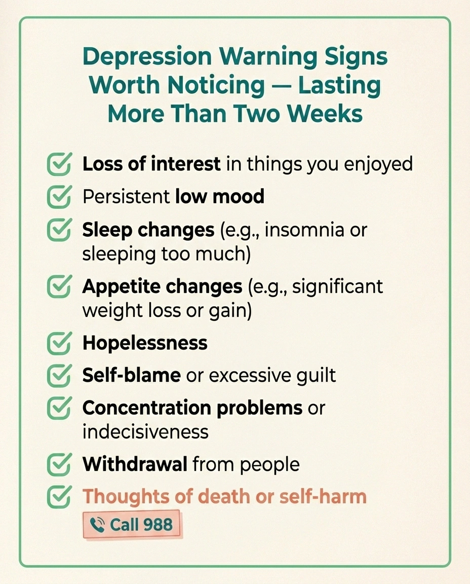 Checklist infographic showing nine warning signs of depression in chronic nerve pain patients, with the suicidal-thoughts item flagged for immediate 988 outreach