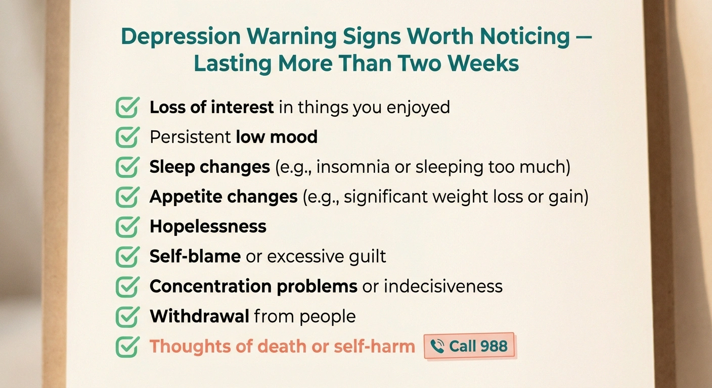 Checklist infographic showing nine warning signs of depression in chronic nerve pain patients, with the suicidal-thoughts item flagged for immediate 988 outreach
