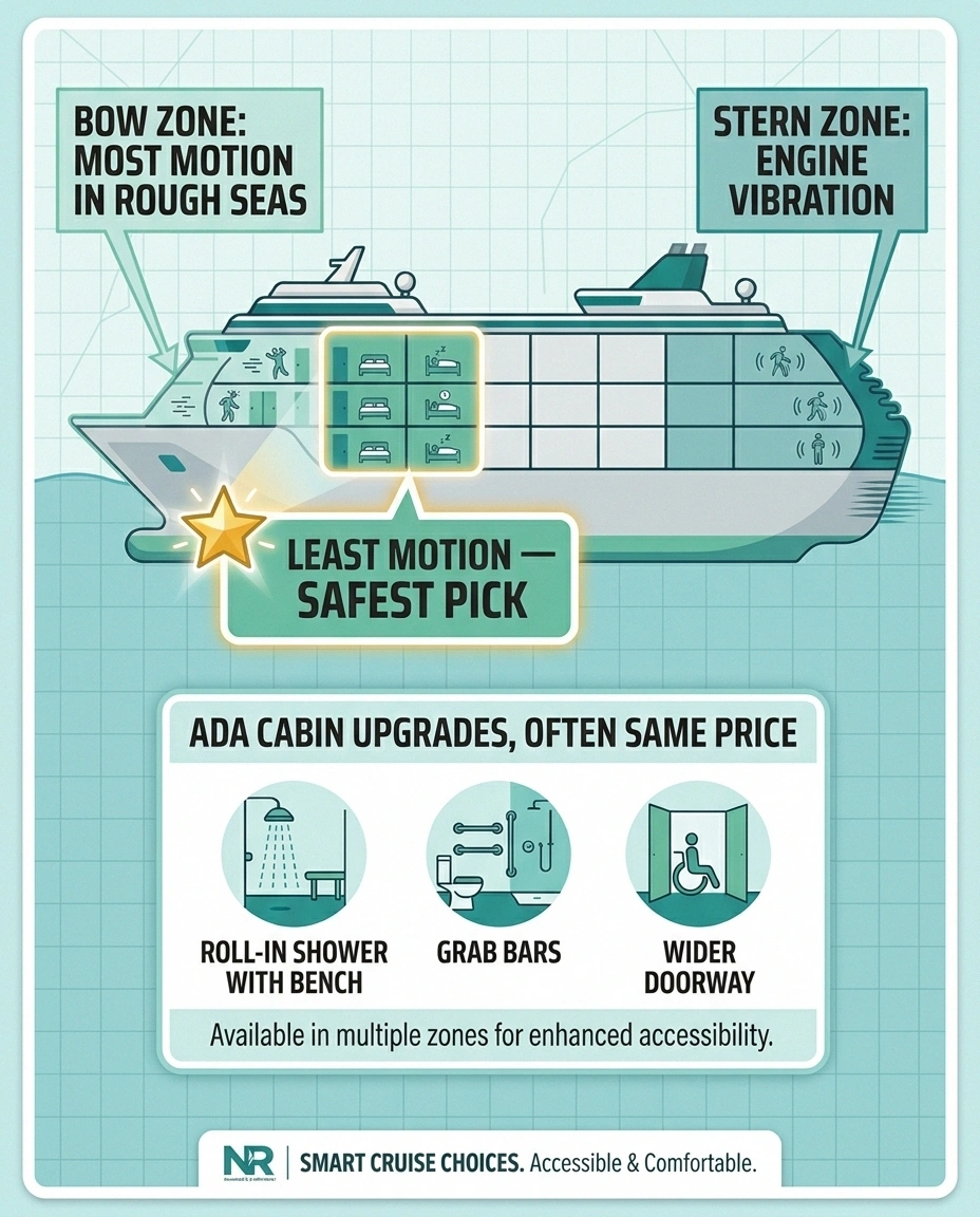 Ship cross-section infographic showing midship-low cabin as the smoothest location and listing accessible cabin upgrades.