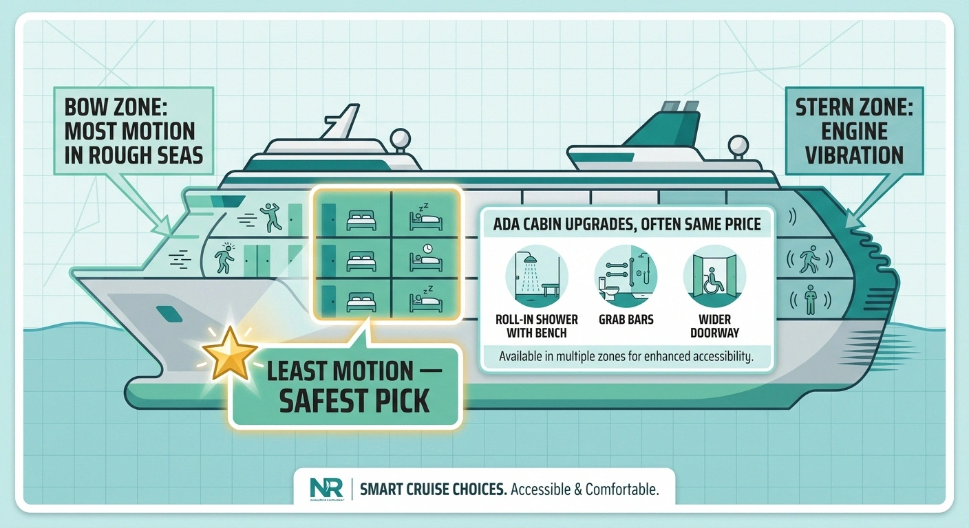 Ship cross-section infographic showing midship-low cabin as the smoothest location and listing accessible cabin upgrades.