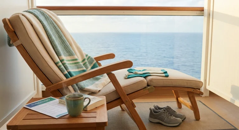 A serene ship balcony with a deck chair, blanket, cruise itinerary, supportive shoes, and tea — anchoring the calm of a well-planned neuropathy cruise.