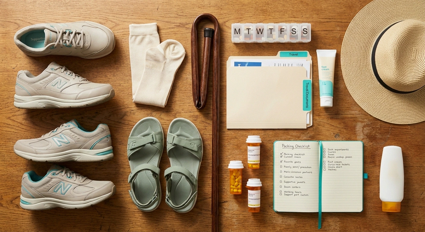 A flat-lay of cruise-packing essentials for a neuropathy patient — shoes, sandals, compression socks, cane, medications, pill organizer, and travel documents.