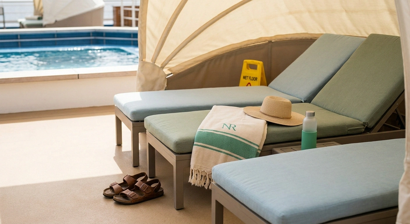 A shaded pool-deck lounge chair set up with sandals, towel, hat, and water bottle, with a
