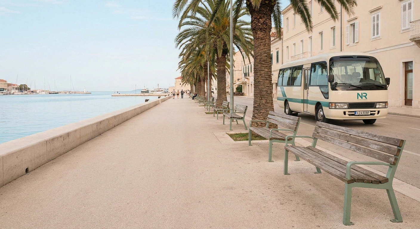 A flat paved waterfront promenade with benches and a parked tour bus — the kind of accessible-tier shore excursion that works for neuropathy patients.