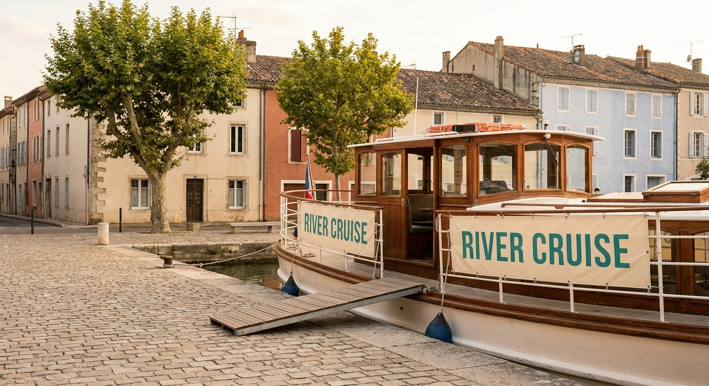 A small river cruise boat docked against a stone town quay with a short flat ramp from ship to street — the accessible alternative to ocean cruising for neuropathy patients.