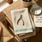 Toenail clippers, file, and magnifying mirror arranged on a side table for safe neuropathy foot care